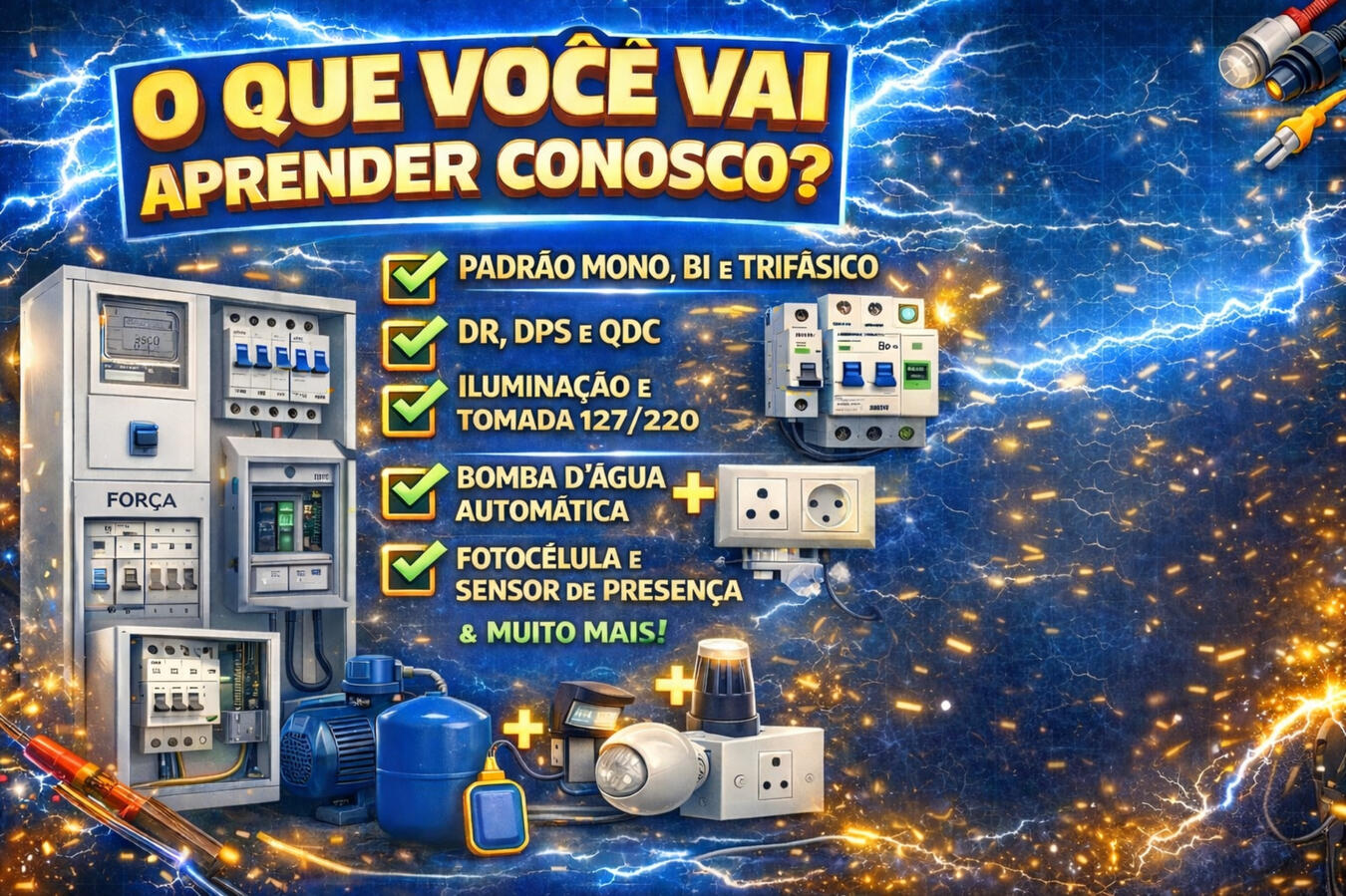 O que você vai aprender na prática: 🔌 Montagem do padrão – Mono, Bi e Trifásico 🛡 Instalação de DR e DPS 💡 Iluminação e tomadas do zero 🚰 Boia e bomba automática 📢 Campainha ☀ Fotocélula (lâmpada que acende sozinha à noite) …e muito mais!